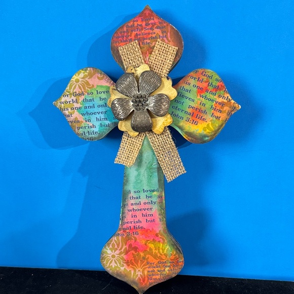 Other - Colorful Decorative Cross with Burlap and Flower Accent